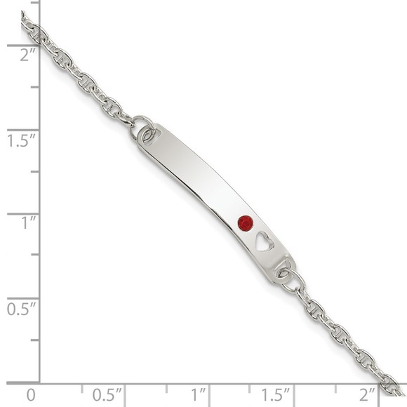 925 Sterling Silver Polished Childrens ID with Red CZ Heart Bracelet, 5.5 Length - Picture 2 of 4